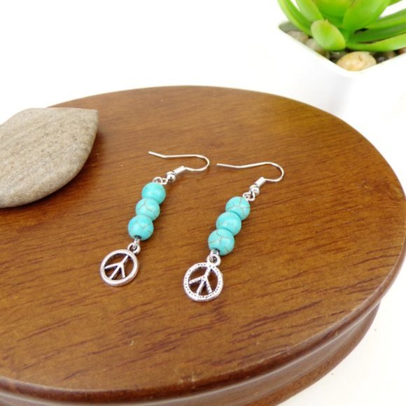 Turquoise Bead & Peace Charm Earrings - Picture 2 of 3